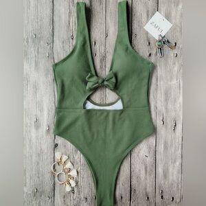 Zaful Army Green Bathing Suit One Piece Cut-out Swimwear Suit